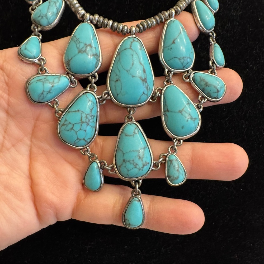 Lucky Brand Signed Faux Turquoise Stone Silver Tone Jewelry Chunky Boho Necklace - Picture 4 of 16